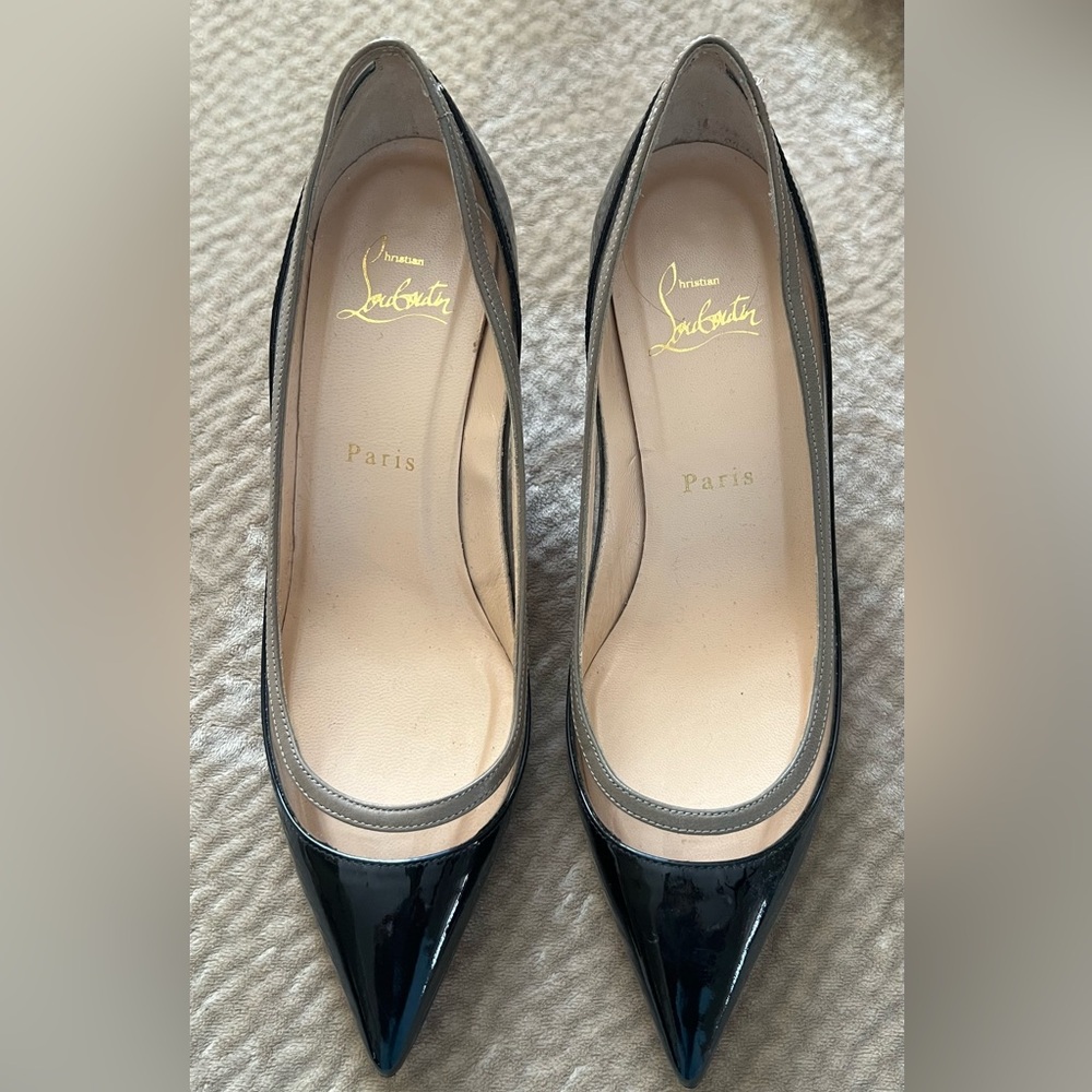Christian Louboutin Paulina Black Patent Heels Silver Clear Red Bottom Shoes 37
